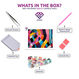 Geometric Vibes diamond painting canvas with tweezers, applicator pen, tray, wax and coloured drills