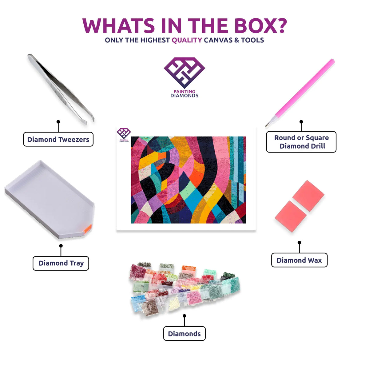 Geometric Vibes diamond painting canvas with tweezers, applicator pen, tray, wax and coloured drills