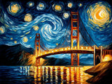 Golden suspension bridge spanning blue water beneath a swirling night sky