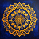 Ornate golden-yellow mandala with repeating decorative patterns on a deep blue background