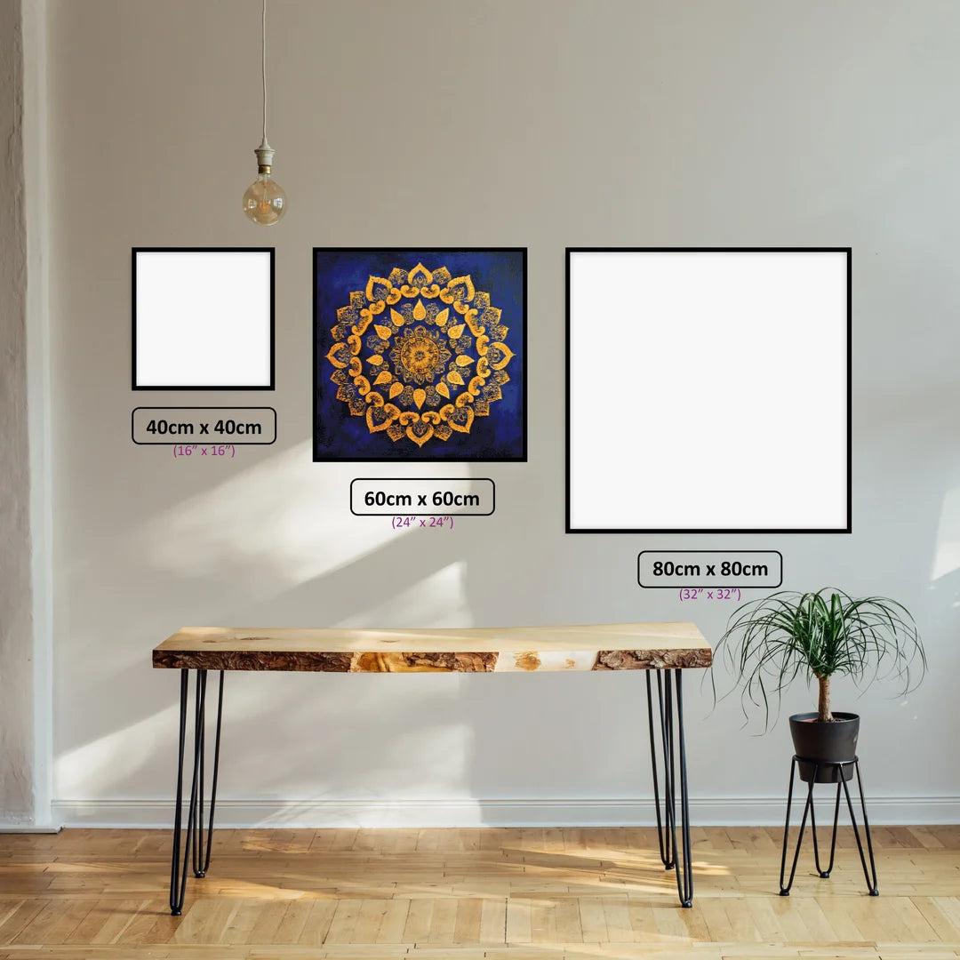 Golden Mandala Glow diamond painting displayed in a room setting