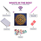 Golden Mandala Glow diamond painting kit with canvas, drills, tray, pen and wax