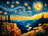 Layered canyon landscape beneath swirling blue and golden stars