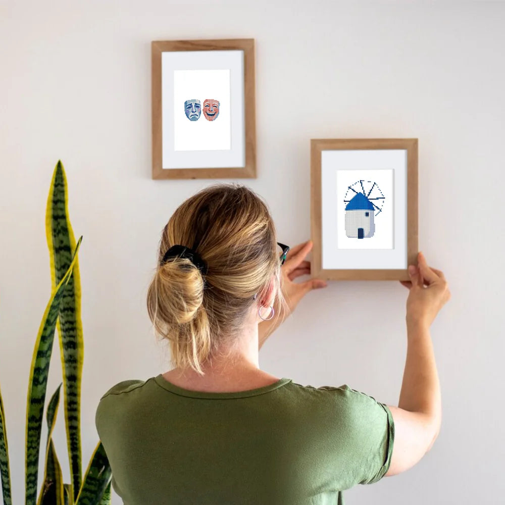 Framed Greek Island Icons mini diamond painting artwork displayed in a styled setting