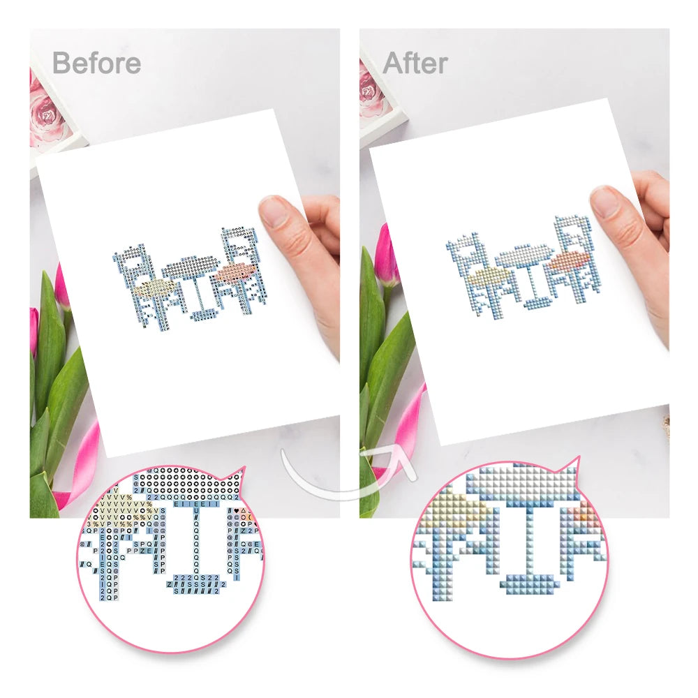 Before and after view of a Greek Island Icons mini diamond painting design