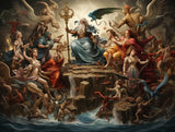 White-haired bearded figure holding an ornate staff among figures on rocks