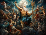 White-haired bearded figure raising two ornate staffs among gesturing figures