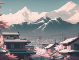 Snow-covered mountain range in muted teal, pale pink and off-white
