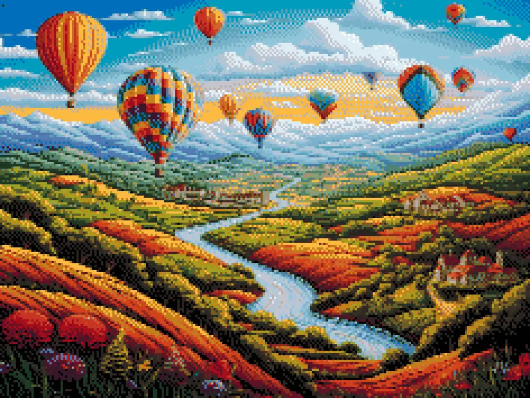 Hot Air Balloons artwork shown as a completed diamond painting preview