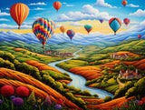 Colourful hot-air balloons floating above a stylised river valley in outdoor panoramic fantasy-like countryside