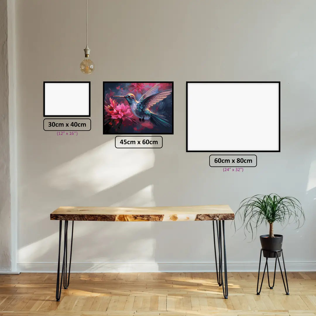 Hummingbird Whisper diamond painting displayed in a room setting