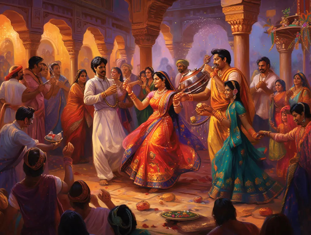 Dancer in a flared red and orange dress surrounded by musicians and onlookers