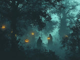 Hooded figures among dark trees with a glowing carved pumpkin