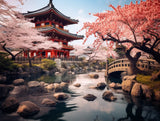 Red tiered building with curved dark roofs framed by pink cherry blossoms