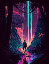 Backpacker walking along a neon purple jungle path surrounded by dense tropical plants