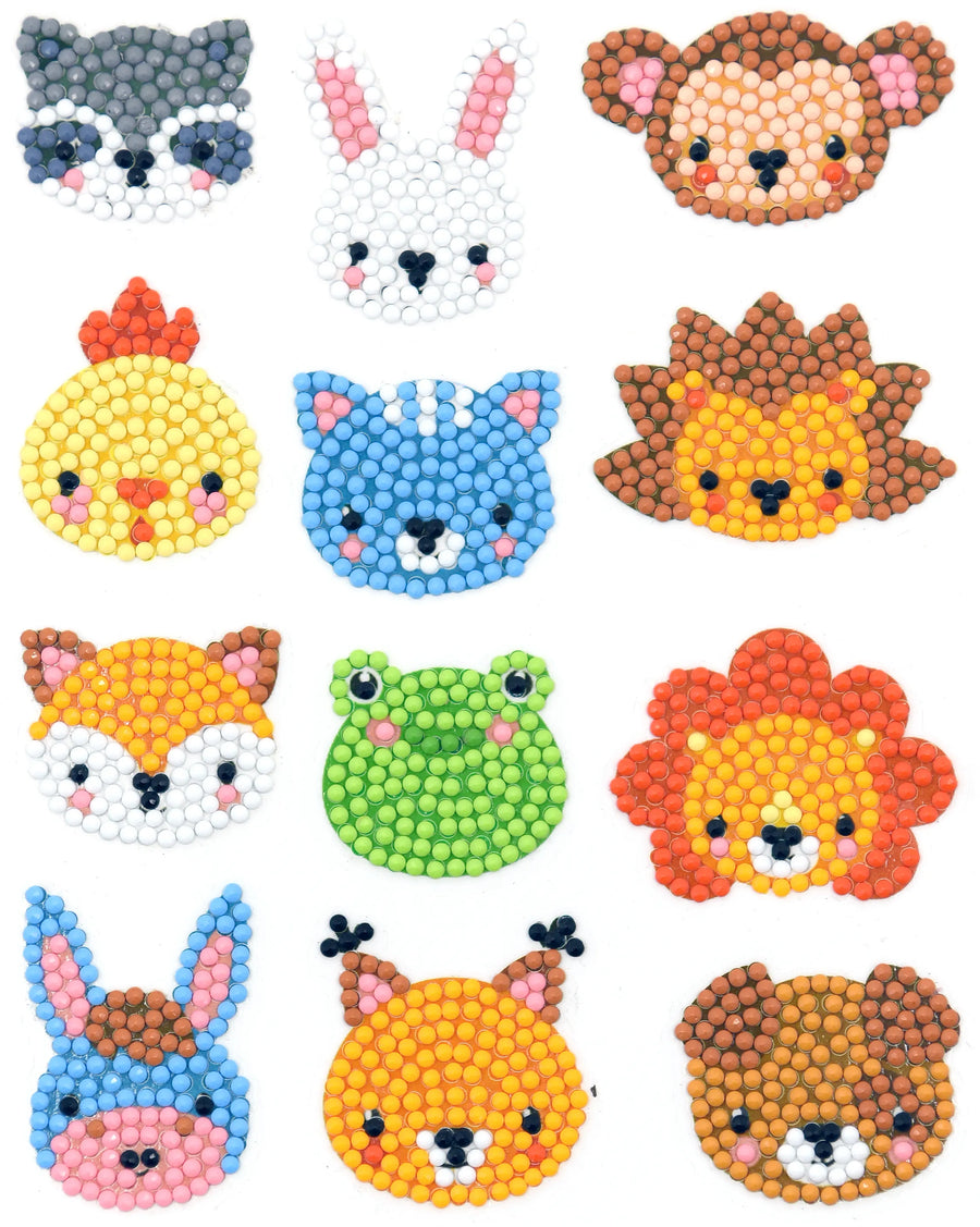 Kawaii animal faces diamond painting sticker kit with bunny bear fox frog lion and cute animal designs