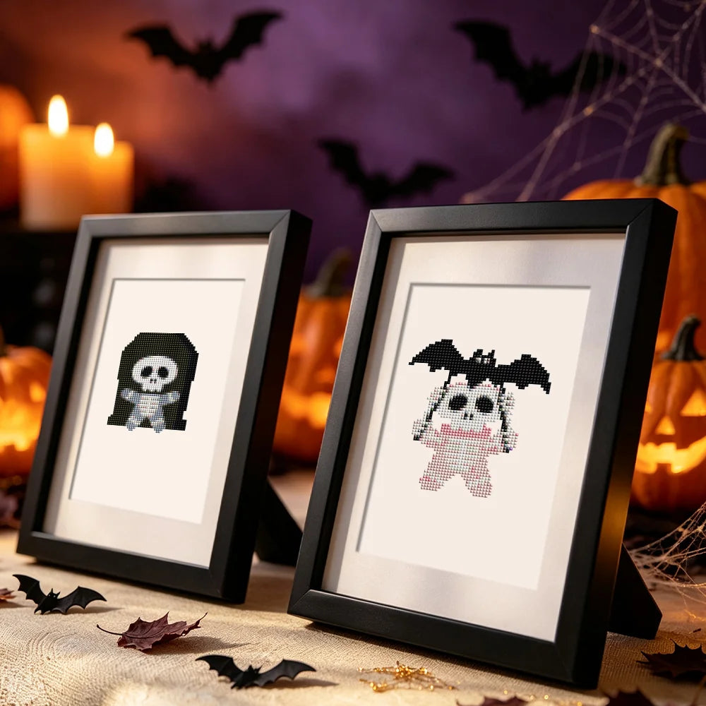 Completed Kawaii Halloween Creatures mini diamond painting shown as framed decor