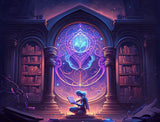 Person reading an open book in dark navy, purple and magenta tones