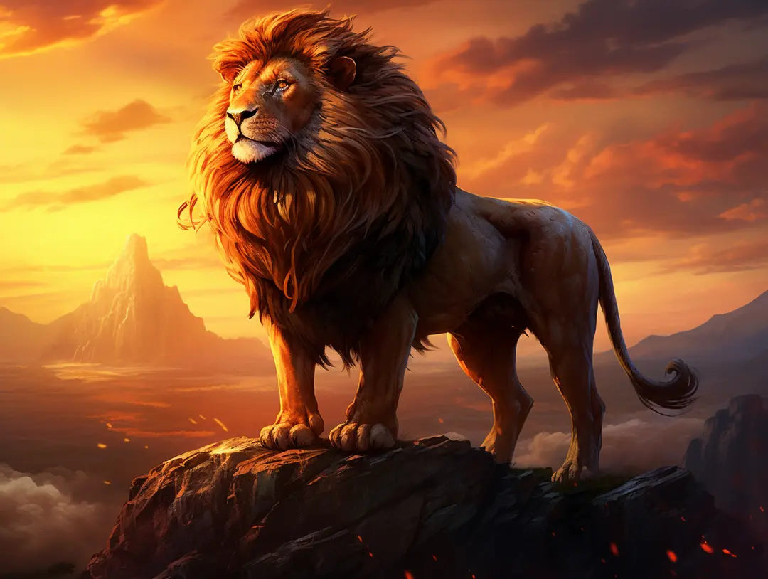Male lion standing on a rocky outcrop with its mane lit orange and gold