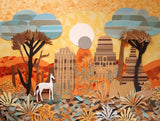 White giraffe-like figure standing in a stylised orange and teal landscape