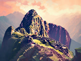 Terraced stone buildings on a steep mountain ridge in peach and muted green