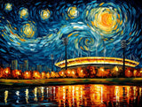 Illuminated oval stadium beneath a swirling blue, orange and yellow night sky