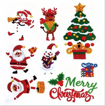 Merry Christmas characters diamond painting sticker kit with Santa reindeer snowman tree gift and festive designs