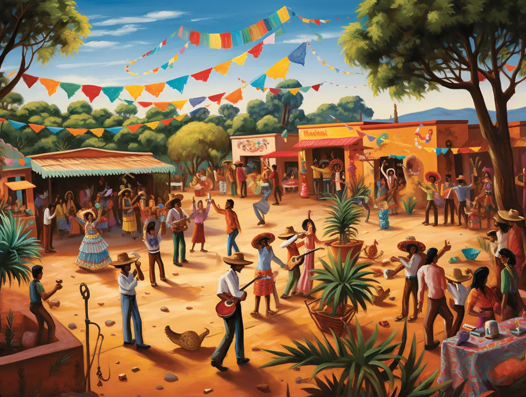 Outdoor celebration with dancers, musicians and colourful stalls