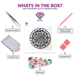 Minimalist Mandala diamond painting kit with canvas, drills, tray, pen and wax