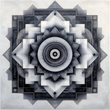 Black, grey and off-white geometric mandala with intricate layered circular patterns