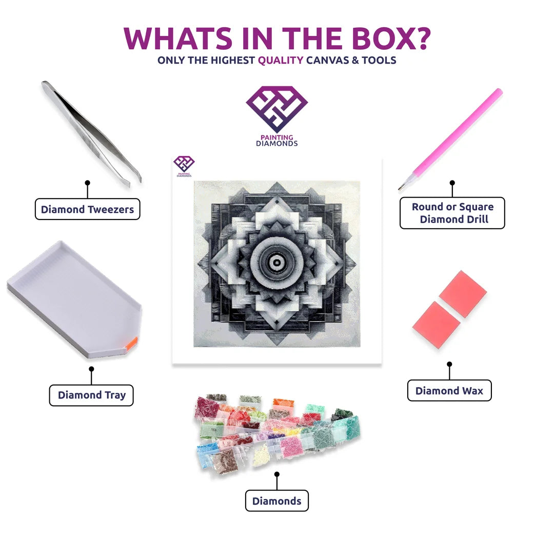 Monochromatic Geometric Mandala diamond painting kit with canvas, drills, tray, pen and wax
