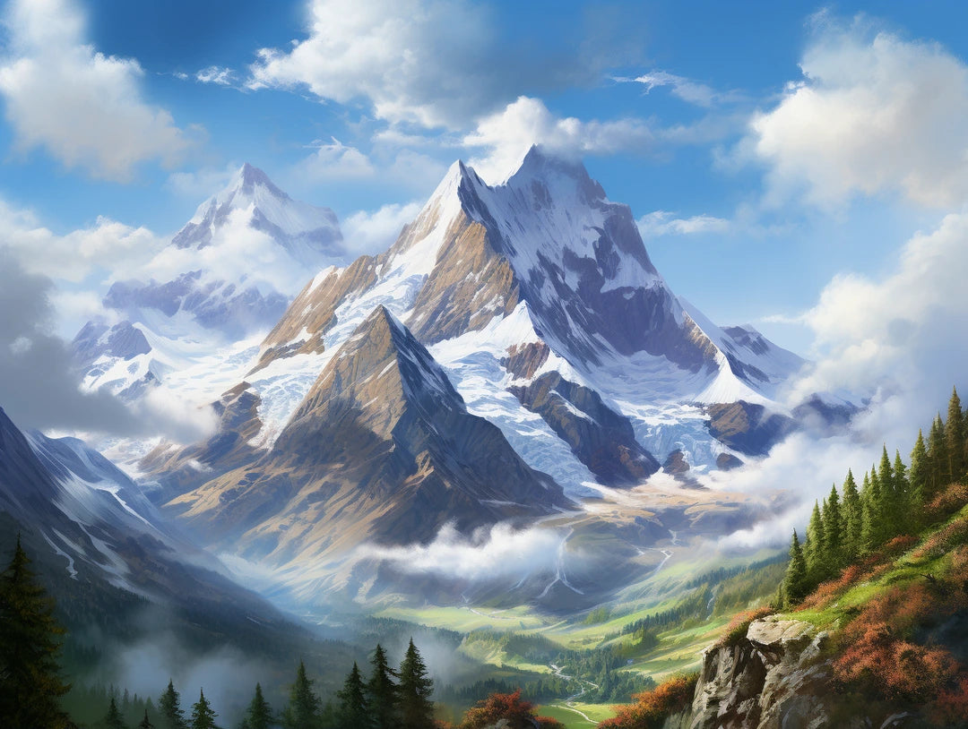 Mountain Vista with jagged snow-covered peaks, an alpine valley and colourful wooded slopes