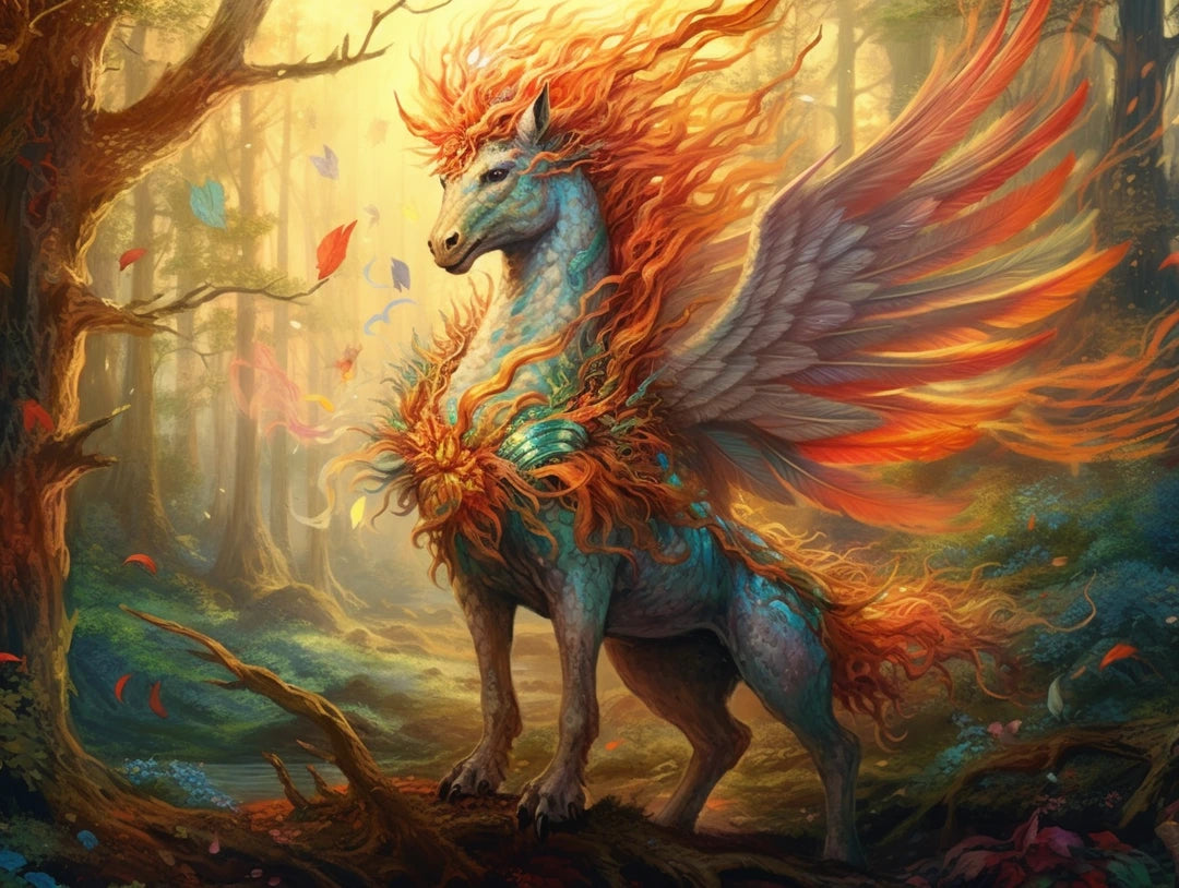 Turquoise winged horse with an orange-red mane standing in profile