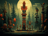 Tall carved figure with stacked faces and geometric patterns in orange and teal