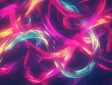 Looping neon pink brushstrokes with yellow and turquoise accents over deep purple and navy