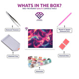 Neon Chaos Harmony diamond painting canvas with tweezers, applicator pen, tray, wax and coloured drills