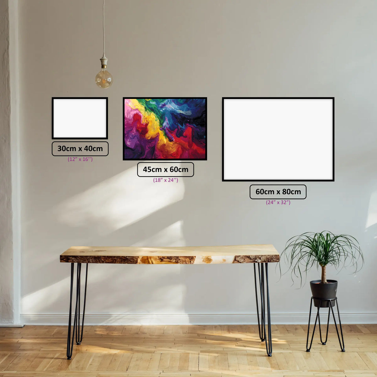 Neon Liquid Swirls diamond painting displayed in a room setting