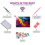 Neon Liquid Swirls diamond painting canvas with tweezers, applicator pen, tray, wax and coloured drills