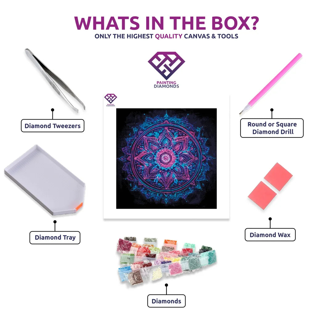 Neon Mandala Light diamond painting kit with canvas, drills, tray, pen and wax