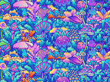 Neon mushrooms and foliage in turquoise, blue and purple tones