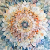 Soft floral mandala in pale blue, blush pink, peach and cream with muted green details