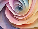Soft pink, peach, lavender and pale blue layers curling into an abstract spiral