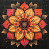 Floral mandala with red, orange, gold-toned and cream petals against dark detail