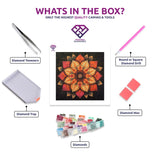 Petal Mandala Radiance diamond painting kit with canvas, drills, tray, pen and wax