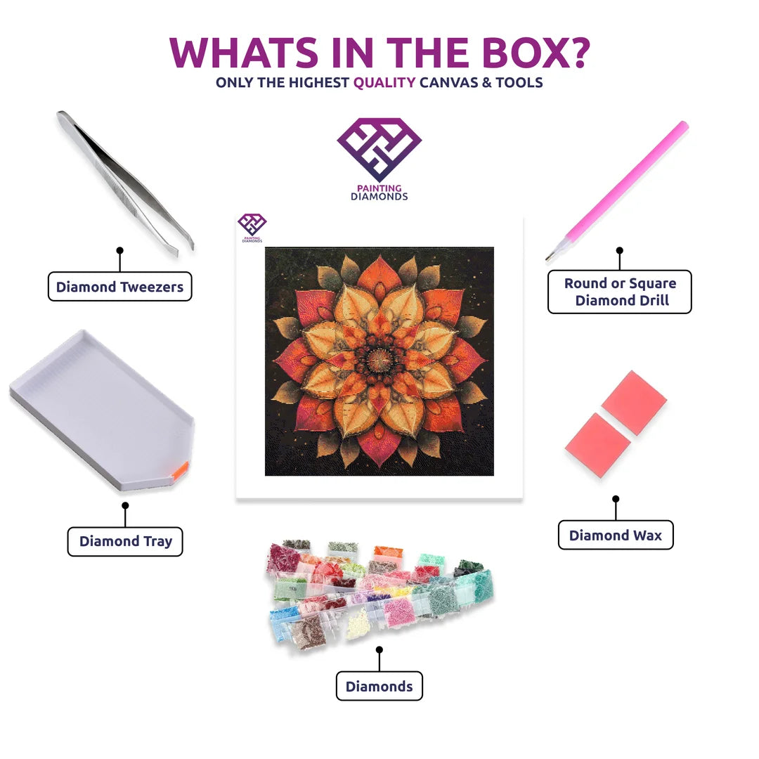 Petal Mandala Radiance diamond painting kit with canvas, drills, tray, pen and wax