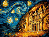 Petra rock-cut facade glowing in gold beneath a deep blue night