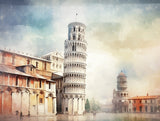 Tall, visibly leaning cylindrical tower with multiple tiers of arches in cream, pale blue, warm beige tones