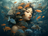 Woman with flowing dark hair surrounded by orange fish in deep teal water