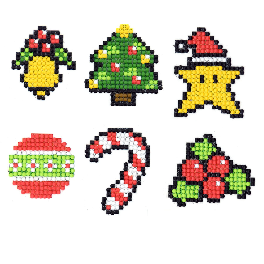 Pixel Christmas minis diamond painting sticker kit with festive bell tree star candy cane ornament and holly designs