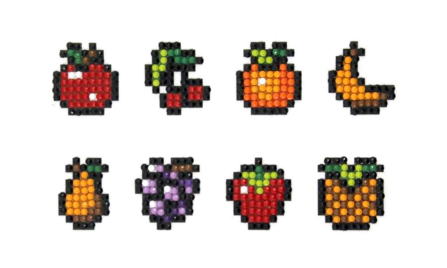 Pixel fruit minis diamond painting sticker kit with apple grapes pumpkin banana pear strawberry and pineapple designs